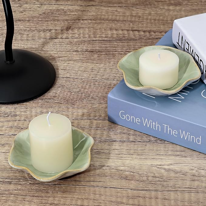 Koythin 2-Piece Ceramic Candle Holder, Aesthetics Candlestick Holders for Tea Lights, Lotus Leaf Shape Candle Stand for Mantle Table, Adorable Vintage Decor for Weddings Dining (Light Green)
