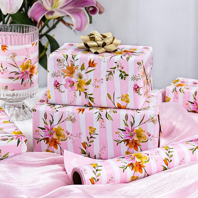 Burymento Pink Striped Flower Wrapping Paper, Reversible Pink Love Design Gift Wrap for Baby Shower, Birthday, Valentines, Mothers day, Graduation, Wedding, Fathers day, Christmas (17 Inch X 32.8 Feet)