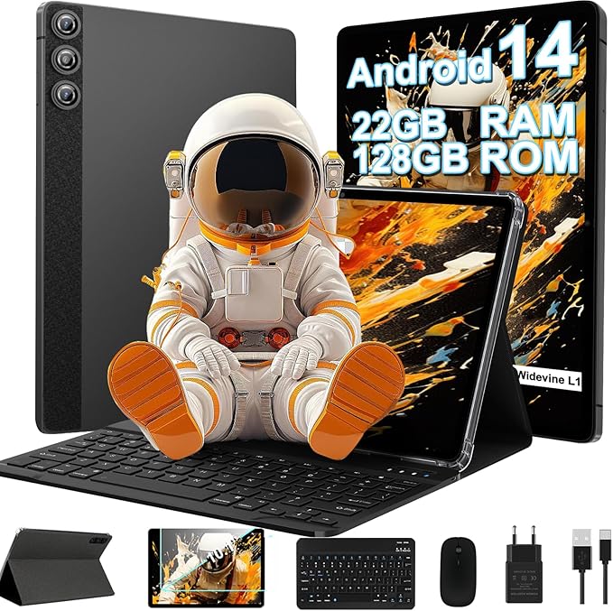 Android 14 Tablet, 2025 Tablets with 10 Inch IPS Incell Screen, 22GB+128GB (1TB Expand), 8000mAh Octa-Core Tablet with Keyboard, Mouse, Case, GPS, BT5.0, Support Widevine L1, Split Screen -Metal Brown