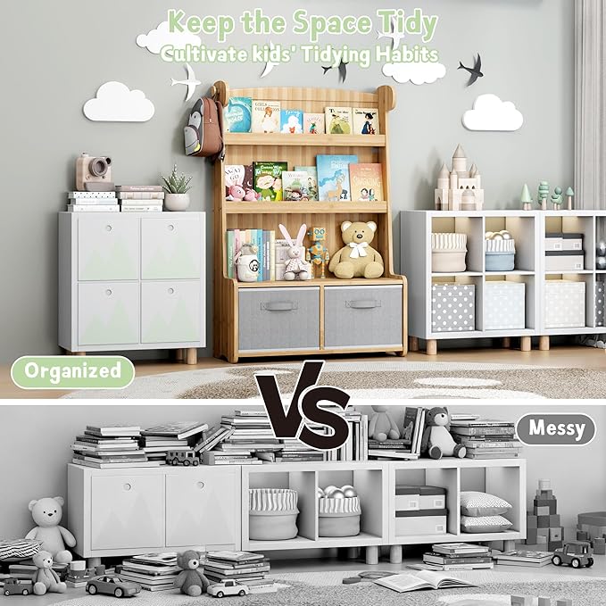 Kids Bookshelf and Toy Storage Organizer, 3 Tier Bamboo Todders Book Shelf Large Book Rack for Child Room Playroom Nursery for Kids, Children, Toddlers (Nature)