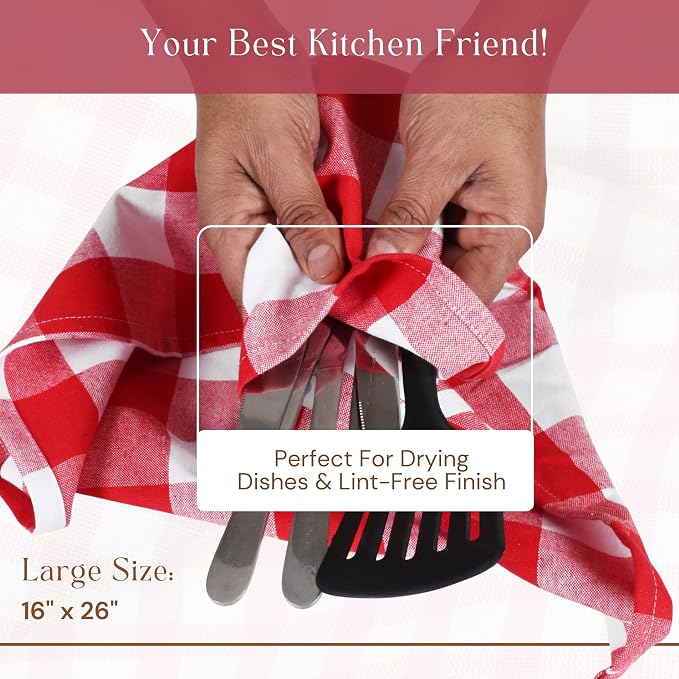 Red Buffalo Check Plaid Kitchen Towels, 12 Pack, 100% Cotton, 16x26 Inches, Super Absorbent, Quick Dry, Soft, Lint-Free, Dish Drying & Cleaning Towels with Hanging Loop, Red and White