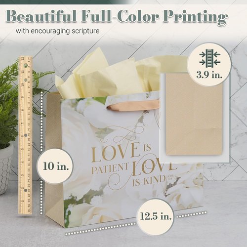 Christian Art Gifts Large Landscape Gift Bag Set - Inspirational Scripture & Floral Design, Love Is Kind Verse, Satin Ribbon Handles