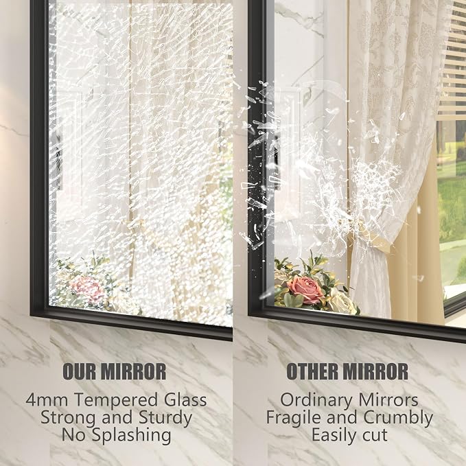 60x36 Inch Black Metal Framed Bathroom Mirror for Wall, Large Rectangle Mirror, Matte Black Bathroom Vanity Mirror, Anti-Rust, Square Corner, Shatterproof, Hangs Horizontally or Vertically