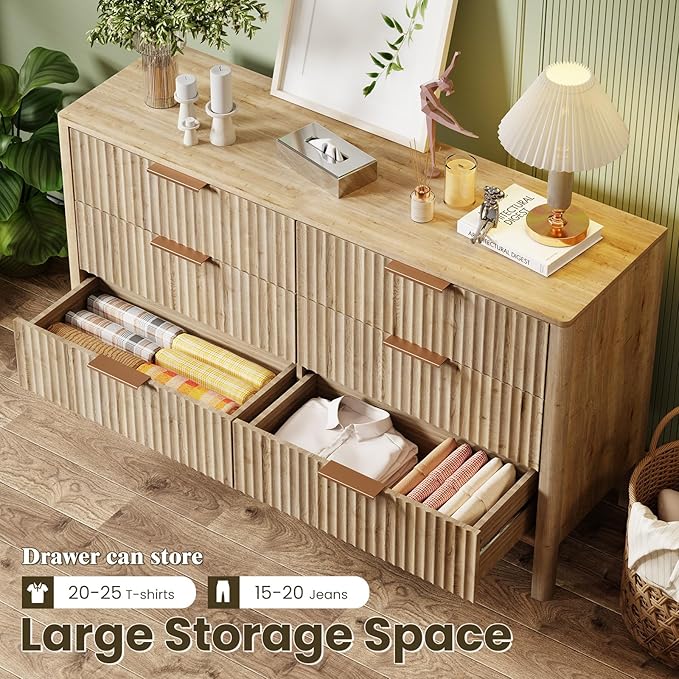 55" Wide Fluted 6 Drawer Dresser for Bedroom, Wooden Dresser Modern Chest of Drawers TV Stand Dressers with Organizer Storage for Bedroom, Living Room, Entryway, Hallway, Oak