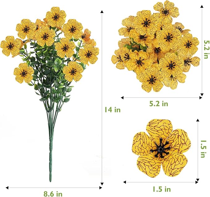 14 Bundles Artificial Flowers UV Resistant for Patio Outdoors Fake Faux Silk Plants Realistic Plastic Flowers Indoors Porch Window Home Decoration (14, Yellow)