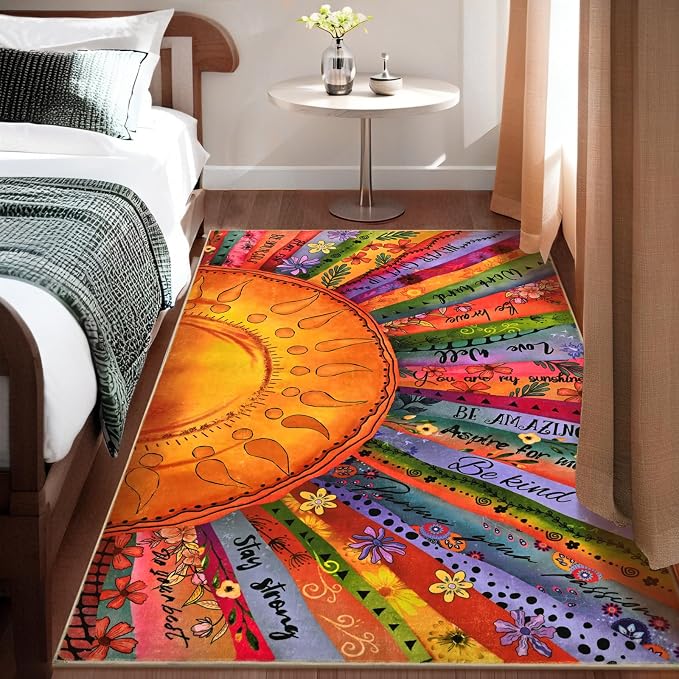 Likiyol Sun Area Rug 3x5 Rugs for Bedroom, Non Slip Washable Rugs for Living Room Soft Faux Cashmere Inspirational Bedroom Rug, Large Throw Rugs with Rubber Backing for Kids Room, Dining Room, Dorm