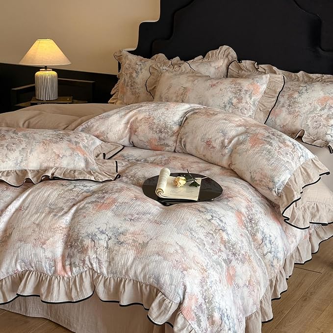 HighBuy Ruffle Duvet Cover Queen Size,Vintage Beige Botanical 100% Muslin Yarn-Dyed Linen Bedding Set for Women Girls,Farmhouse Bedding Super Soft Comfortable Boho Chic Lightweight 3 Pieces