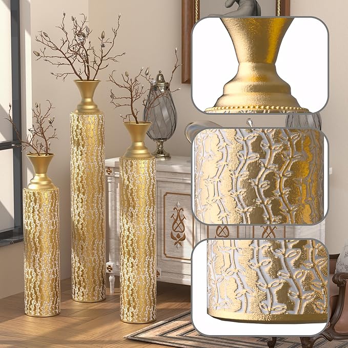Metal Floor Vases Decorative, Set of 3 Flower Arrangement Stand, Metal Decorative Vase Tall Distressed Metallic Centerpiece Vases with Growing Vine Patterns, 34", 29", 25" H (Antique Gold1)