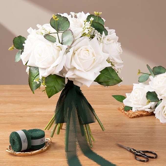 DORIS HOME Dark Green Chiffon Ribbon for Flower Bouquet, 1" x21Yd Fabric Ribbon for Gift Wrapping, Handmade Frayed Ribbon for Wedding Invitations/Christmas Decorations