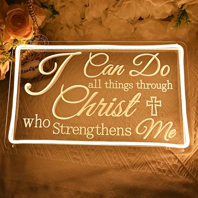 SYLHOME Led Neon Light Sign I Can Do All Things Through Christ Bedroom Living Room Wall Sign Decor Wedding Birthday Party Decoration USB 15.75"X9.8"