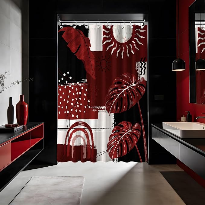 Small Stall Narrow Shower Curtain Black and Red Stand Up Burgundy Abstract Boho Shower Curtains for Rv Camper Bathroom Decor Sets, Waterproof Cloth Fabric with Hooks, 48 x 72 Inch