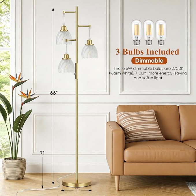 ROTTOGOON Dimmable Gold Floor Lamps for Living Room, Vintage Tree Standing Lamp with Glass Shades, 3 Light Mid Century Flower Floor Lamps for Bedroom, Office, 6W, Brushed Gold & Clear Shades
