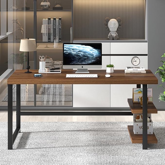 FOLUBAN Modern Computer Desk for Home Office, Large Writing Table with Storage Shelves, Wood and Metal Study Gaming Desk Workstation for Living Room, Rustic Walnut, 60 Inch