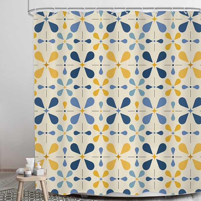 Blue Boho Mid Century Shower Curtain Bathroom Set 71Wx71H Inches Retro Navy Yellow Modern Abstract Vintage Colourful Geometric Bath Accessories Water Drop Art Home Decor Fabric 12 Pack Hooks