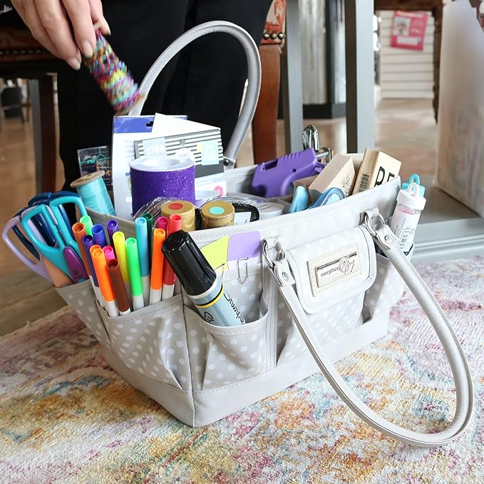 Everything Mary Deluxe Store & Tote Organizer – Tan Dot Craft Tote with Handle – Art Supply Caddy for Sewing, Scrapbooking, DIY Projects & Creative Tool Storage