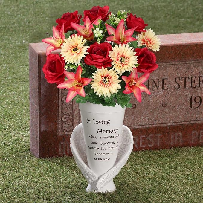 Hollyone Set of 2 Artificial Cemetery Flower for Graves Red Cemetery Memorial Flowers for Outdoor Grave Decorations Silk Flower Arrangements Rose Lily Gerbera Floral Flowers Bouquets