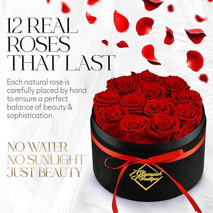 GLAMOUR BOUTIQUE Flowers Forever Gift Box 12 Real Preserved Roses in a Velvet Black Box, Birthday for Her Mom and Wife, Mothers Day, Anniversary, Graduation - Red