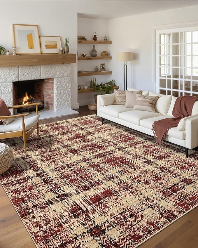 Living Room Area Rug 6x9 Washable Rugs Soft Bedroom Rug Farmhouse Large Area Rug Non Slip Throw Rugs Modern Low Pile Non Shedding Stain Resistant Carpet for Dining Room Classroom 6'x9' Red