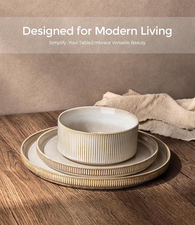 GBHOME 12-Piece Stoneware Dinnerware Set for 4 – Ribbed Ceramic Plates and Bowls, Scratch-Resistant, Microwave & Dishwasher Safe, Reactive Glaze, Cappuccino