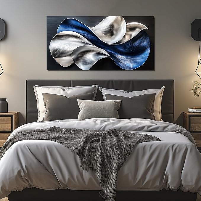 Blue Silver Abstract Picture Wall Art Modern 3D Textured Canvas Decor for Living Room Bedroom Office Flow Artwork 24" x 48"