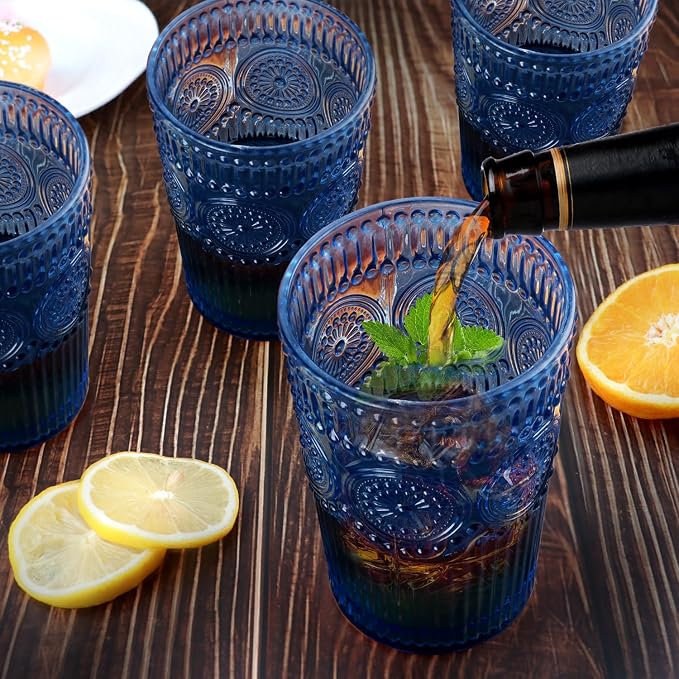 Loivttvv 6pcs Vintage Drinking Glasses Set, 12 oz Blue Highball Glasses, Embossed Ribbed Glassware Cups for Cocktail, Water, Juice, Coffee, Whiskey