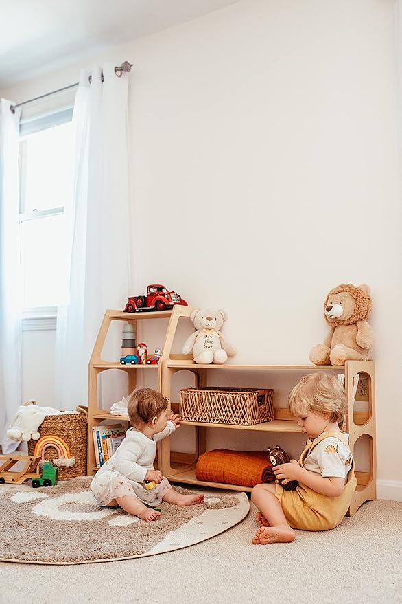 WOOD&ROOM Montessori Bookshelf for Toddlers - Wooden Book and Toy Shelf Organizer - Kids Bookshelf for Nursery, Classroom and Playroom - Front Facing Floor Bookcase for Kids, Childrens Room Storage