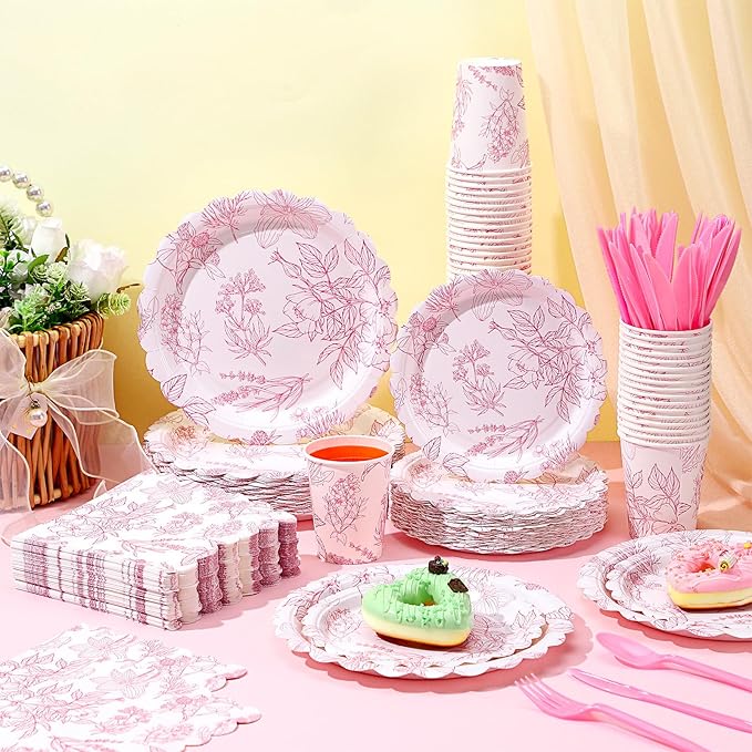 Havawish 400 Pcs Pink Floral Party Plates Disposable Tableware Set for 50 Guest Spring Flower Paper Plates Tea Party Scalloped Plates Napkins Cups for Wedding Party Baby Bridal Shower
