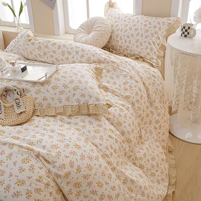 Girls Ruffle Duvet Cover Twin Chic Floral Lace Duvet Cover 100% Cotton Flower Bedding Set Romantic Ruffle Comforter Cover Girls Princess Bedding Set Vintage Floral Botanical Comforter Cover Twin
