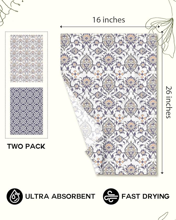 Miss Adola 2 Pack Flour Sack Kitchen Towels - 16x26 Inch Cotton Dish Towels with Hanging Loop Reusable Geometric Boho Modern Retro Tea Towel Absorbent Dishcloths Home Decor, Blue Boho Style
