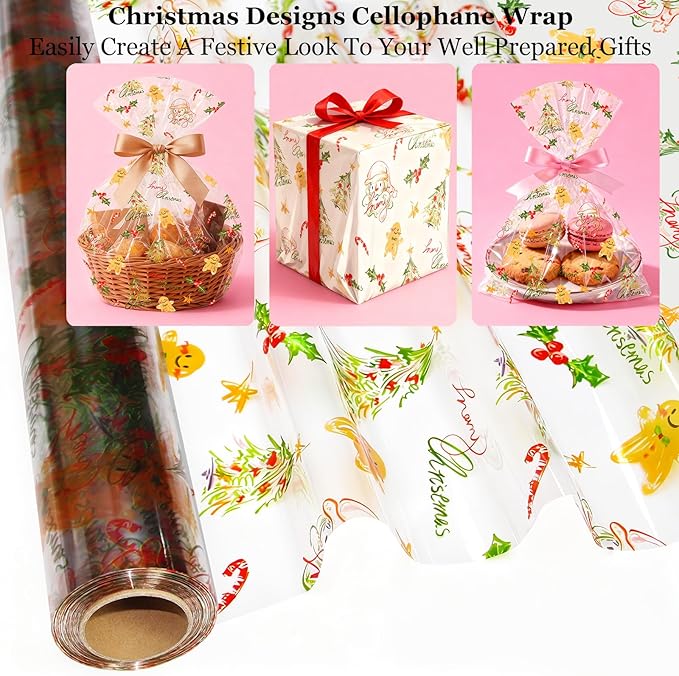 SYOGUA Clear Cellophane Wrap with Christmas Designs, 100 Ft x 34 In Extra Wide Cellophane Roll Christmas Cellophane Paper for Gifts, Baskets, Treats, Candies, Favors, Decoration