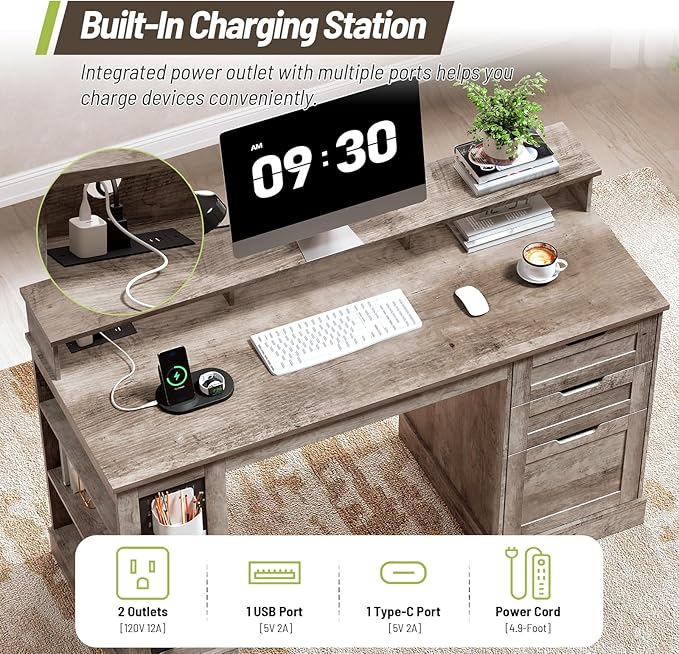 55-Inch Farmhouse Executive Desk with 2 Drawers and File Cabinet, Computer Desk with 3-Tier Storage Shelves, Home Office Desk with Charging Station, Pegboard and Monitor Shelf, Gray