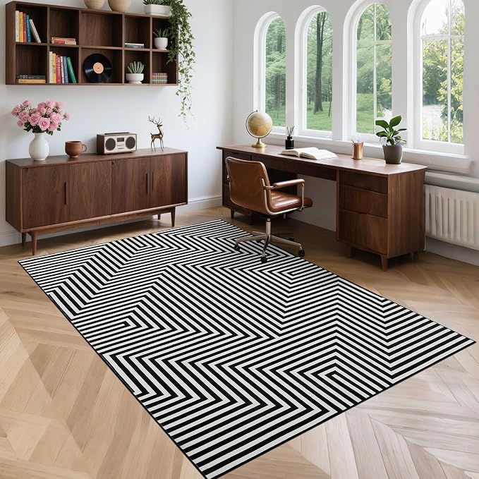 Washable 5x7 Area Rugs for Living Room Abstract Lines Rug Non Slip Soft Bedroom Modern Carpet Low Pile Non Slip Indoor Carpets for Bedroom Dining Home Office Nursery, Black