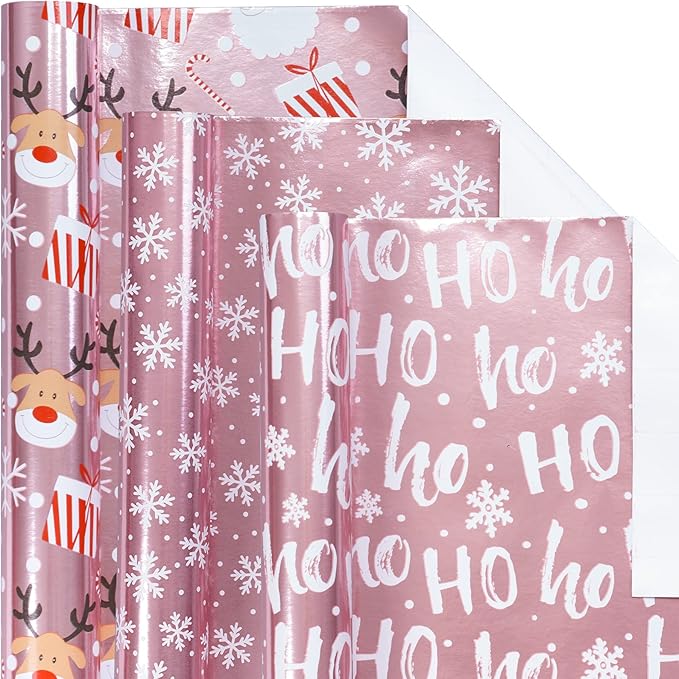 LeZakaa Christmas Wrapping Paper Mini Roll, Pink Metallic Foil Shine Paper - Snowflakes/Santa Claus/HO Print for Gift Wrap, Arts Crafts - 17 x 120 inches - 3 Rolls (42.5 sq.ft.ttl.)