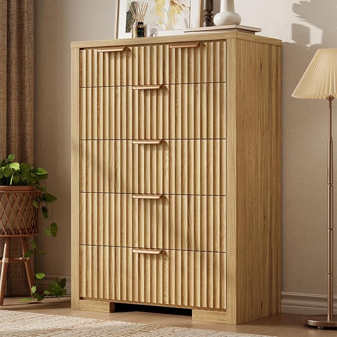 Fluted Dresser, 44" Tall 6 Drawer Dresser for Bedroom, Modern Wooden Closet Dressers for Living Room, Entryway, or Hallway,Natural Oak