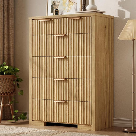 Fluted Dresser, 44" Tall 6 Drawer Dresser for Bedroom, Modern Wooden Closet Dressers for Living Room, Entryway, or Hallway,Natural Oak