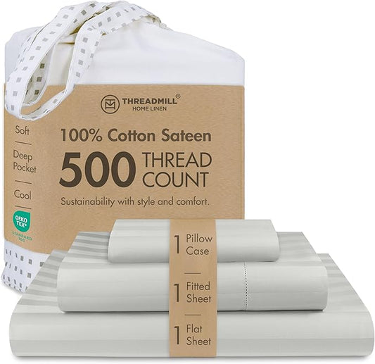 Threadmill 500 Thread Count Twin-XL Size Damask Stripe, 3 Pc Luxury Cotton Bed Sheet Set, Silky Soft Light Grey Sheets with 15" Elasticized Deep Pocket, 1 Pillowcase & Free Tote Bag