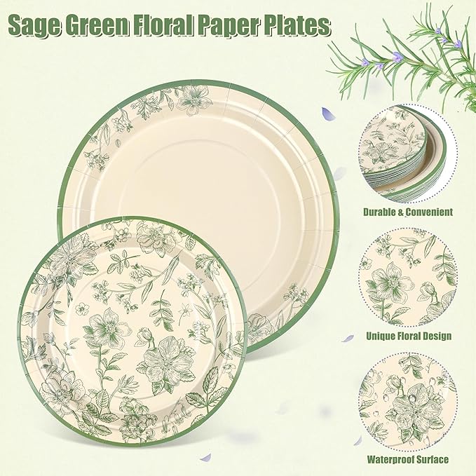 96 Pieces Sage Green Floral Party Supplies Elegant Floral Disposable Tableware Set Includes 9 Inch and 7 Inch Paper Plates, Cups, Napkins Serves 24 Guests for Birthday Baby Shower Wedding