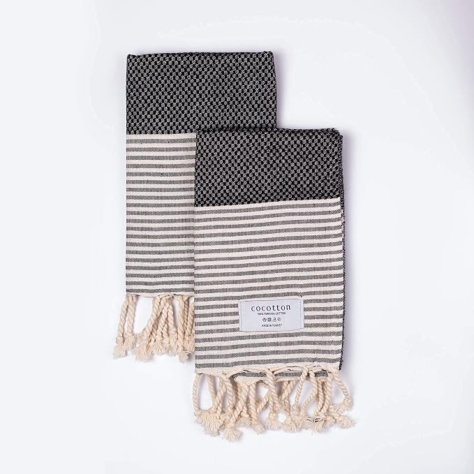 Boho Striped Turkish Hand Towels Set of 2 | 100% Cotton, 16 x 40 Inches | Decorative Bathroom Hair Face Gym Yoga Dishcloth Tea Kitchen Light Weight Quick Dry Farmhouse Towel (Black)