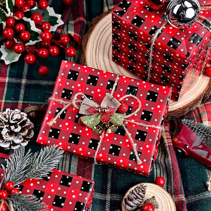 MAYPLUSS Wrapping Paper Roll 17in* 32.8 feet Red and Black Plaid with White Star for Christmas,Birthday,Party,Holiday,Vintage Wrapping Paper for all Occassions (TTL:46.8sqft)