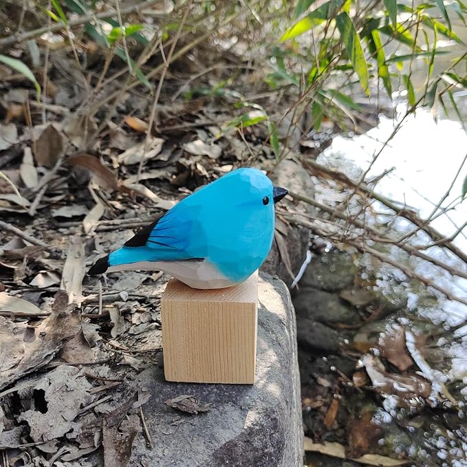 WEAUSUP Hand Carved Wooden Bird Figurine Gift for Bird Lovers | Hand carved wood bird statue with delicate paint,home shelf decor gift(Blue Robin)