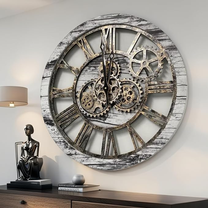ImprovingLife The Gears Clock The Original Real Moving Gear Wall Clock Vintage Industrial Oversized Rustic Farmhouse (24 inch (60cm), Vintage Grey and White)