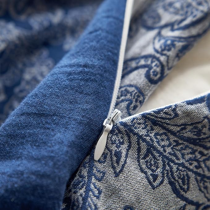 Vintage Navy Blue Duvet Cover Set King Paisley Print Duvet Cover Yarn-Dyed Cotton Jacquard Bedding Comforter Cover Boho Flower Paisley Bedding Set Farmhouse Style Breathable Duvet Cover for Men Women