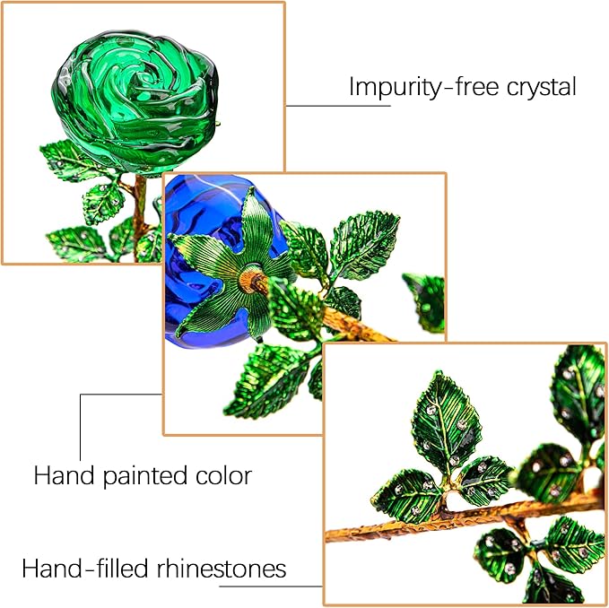 HDCRYSTALGIFTS 9.5'' Crystal Rose Flower Glass Blue and Green Flowers with Green Leaves for Wedding Anniversary/Wife, Romantic Forever Gifts for Her (Pack of 2)