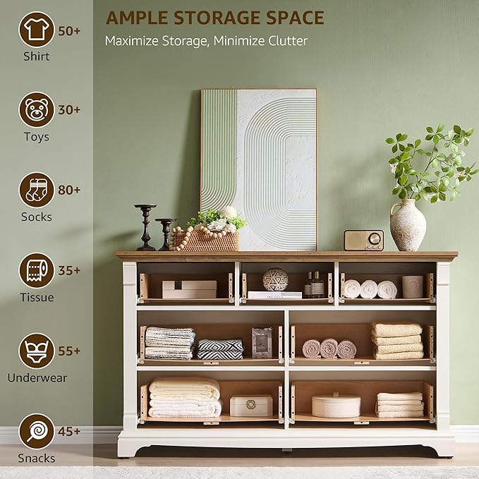 T4TREAM Farmhouse 7 Drawers Dresser for Bedroom, 54" Wide Wood Rustic Chest of Drawers w/Roman Column, Wooden Storage Dressers Organizer for Bedroom, Living Room, Closet, Antique White