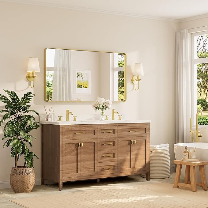 TETOTE 55 x 30 Inch Bathroom Mirror, Brushed Gold Metal Framed Wall Mounted Mirrors, Brushed Brass Rectangle Modern Decorative Vanity Mirror (Horizontal/Vertical)