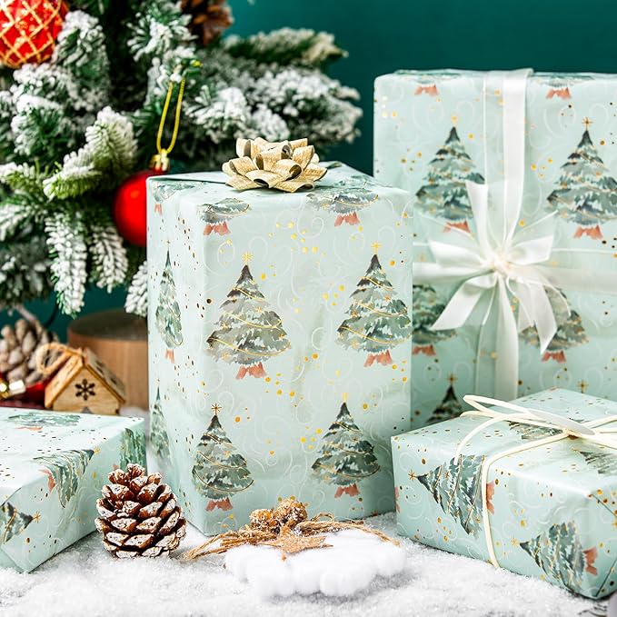 MAYPLUSS Christmas Wrapping Paper Roll, Green Tree Wrapping Paper, Watercolor Green Christmas Tree and Snowflake Gift Wrap w/Metallic Foil Shine for Holiday Gift Packaging (17 Inch X 16.5 Feet)