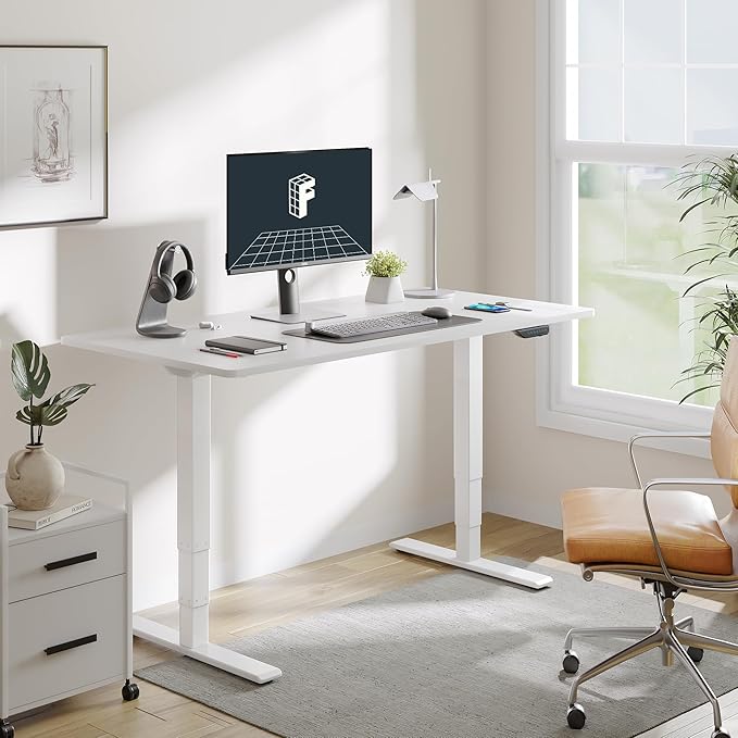 FLEXISPOT E6 MAX Dual Motor 3 Stages Standing Desk 55x28 Inch Whole-Piece Board Electric Height Adjustable Stand Up Desk 150KG Load Capacity(White Frame + White Desktop)