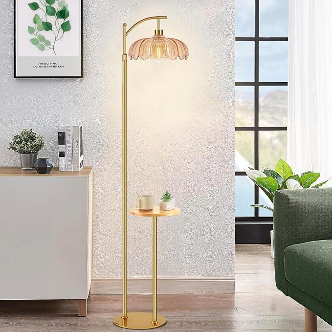 QIYIZM Gold Floor Lamp with Table and Shelves for Living Room Bedroom,Glass Standing Lamp with Remote Dimmable,Boho Brass Tall Lamp Vintage Farmhouse Arc Flower Floor Light Bohemian