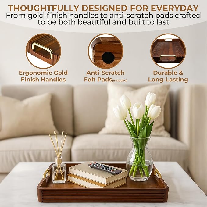 Acacia Wood Serving Tray with Metal Handles, 17x13in, Decorative Coffee Table Tray & Ottoman Tray, Anti-Slip Pads, Dark Wood Tray for Breakfast in Bed, Bar Tray, Gift Box