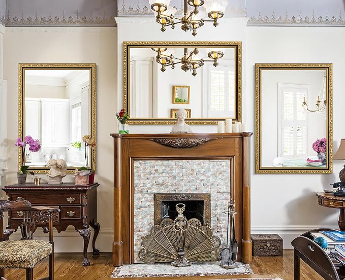 Vintage Gold Baroque Mirror, 40'' x 28'' Rectangular Ornate Antique Mirror with Carving Wood Frame, Decorative Wall Mirrors for Living Room, Bathroom, Entryway, Fireplace, Horizontal/Vertical